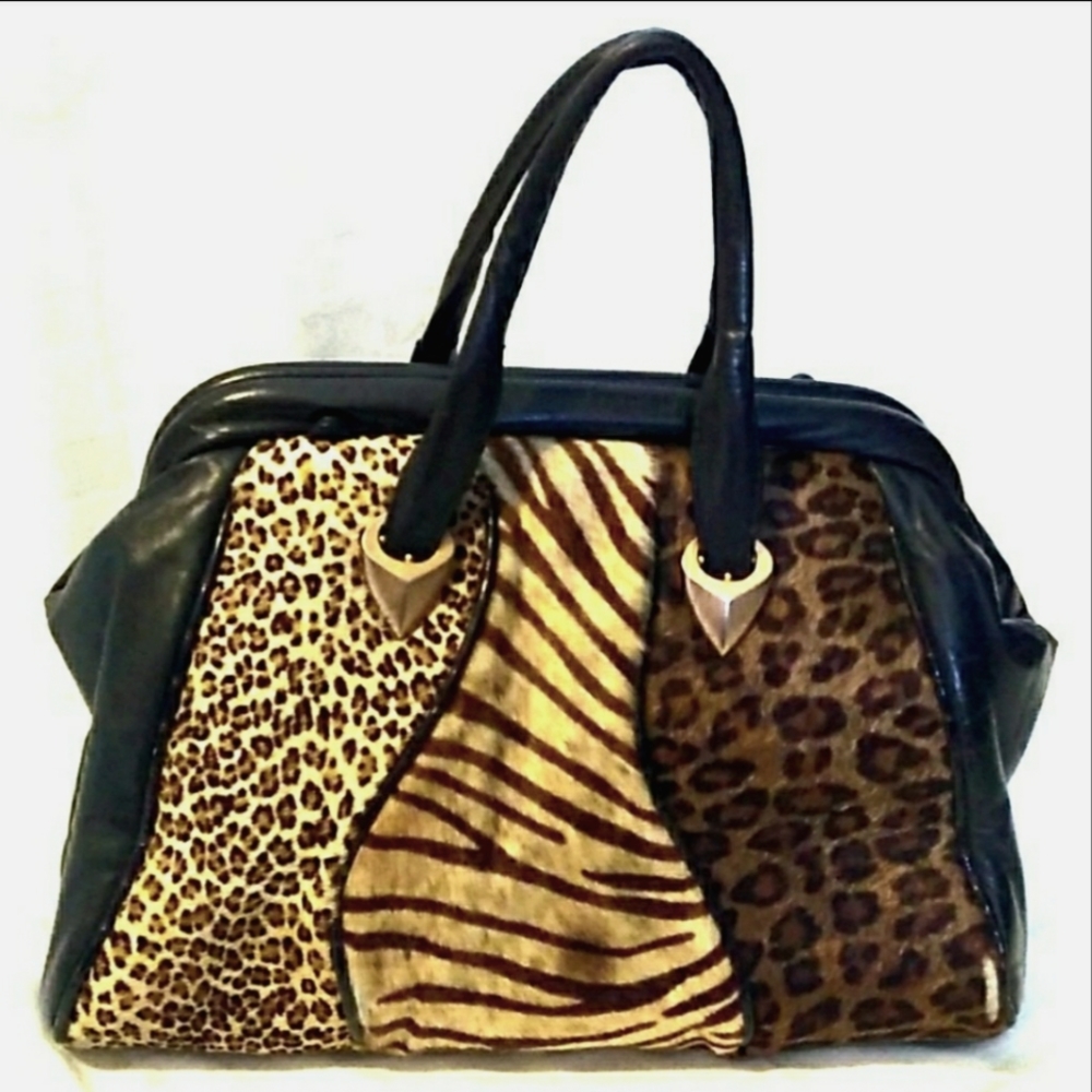 c1980s VINTAGE Animal Print Fx Fur / Leather Handbag